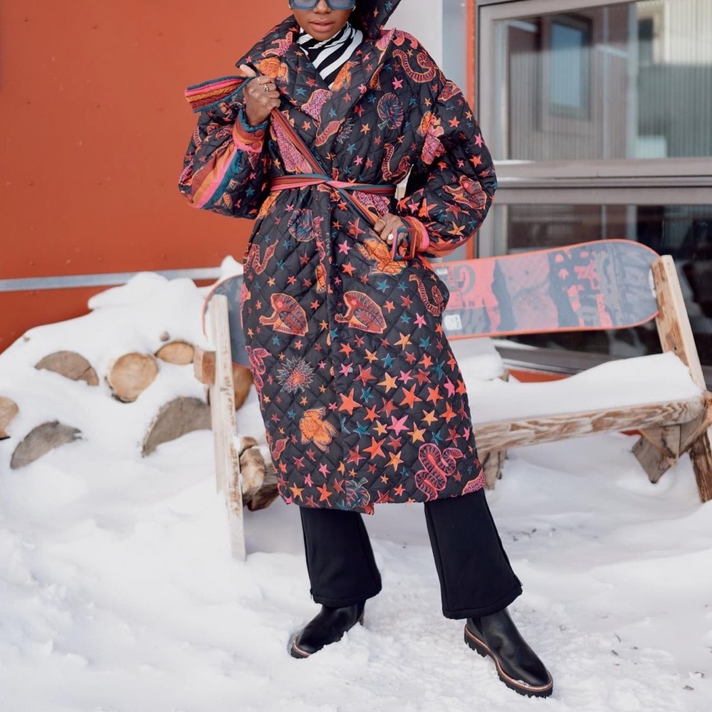 FARM Rio Black Quilted Star & Paisley Belted Coat with Pink & Orange Accents
